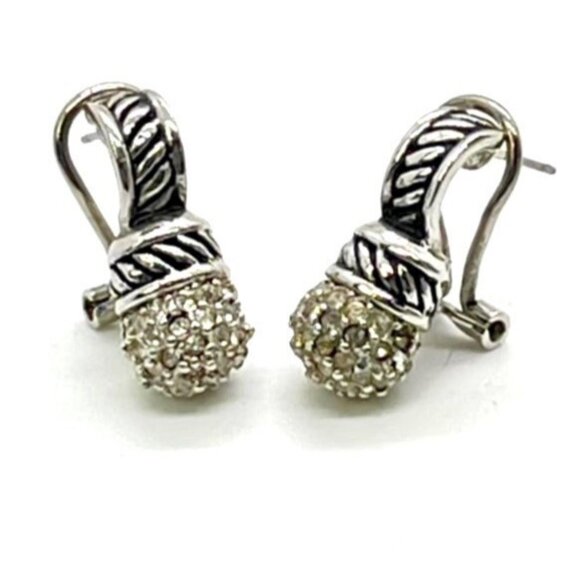 Vintage 90s Pave CZ Silver Tone Renaissance Revival Design Pierced Earrings - Picture 1 of 5
